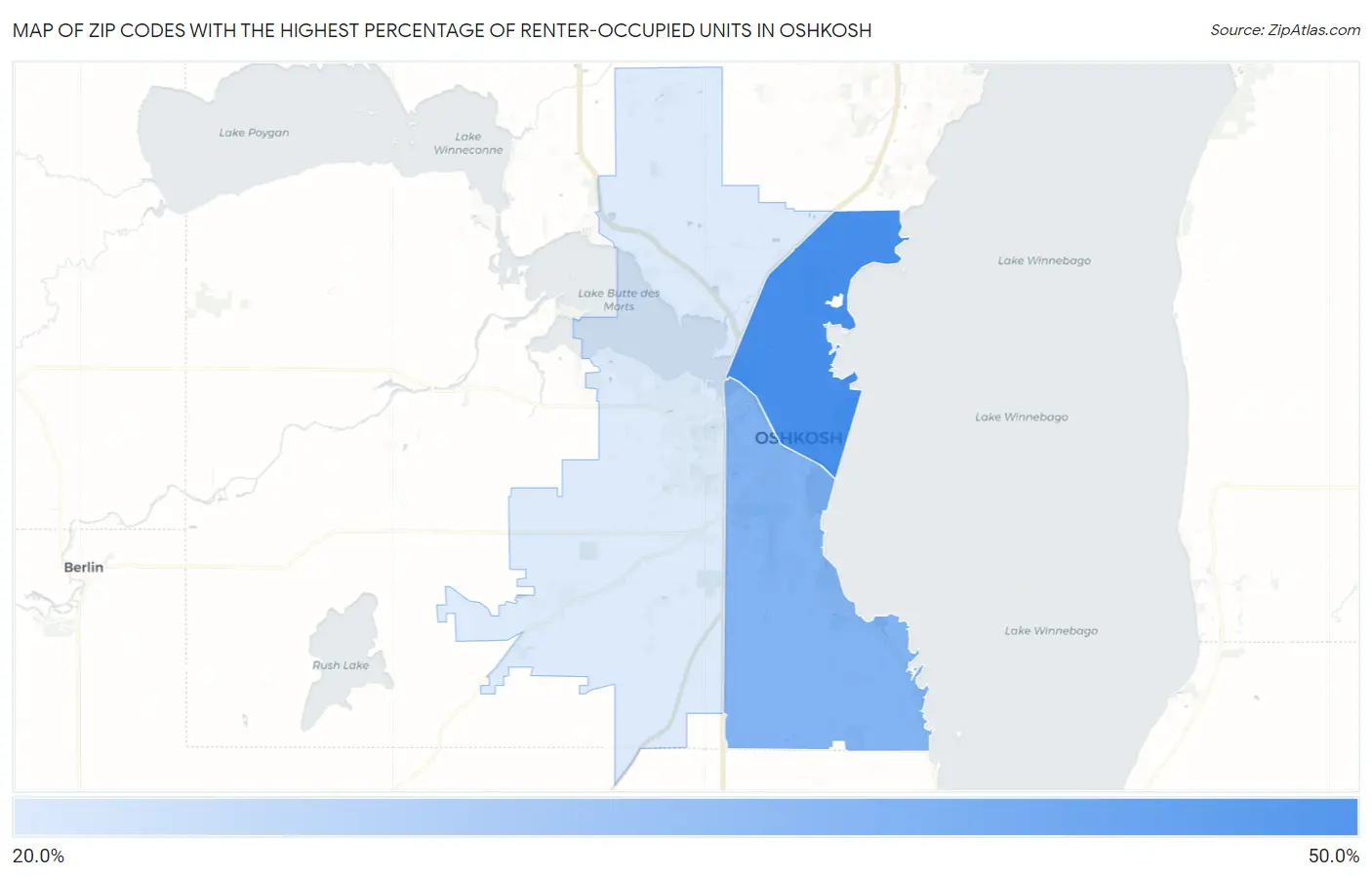 Zip Codes with the Highest Percentage of Renter-Occupied Units in Oshkosh Map