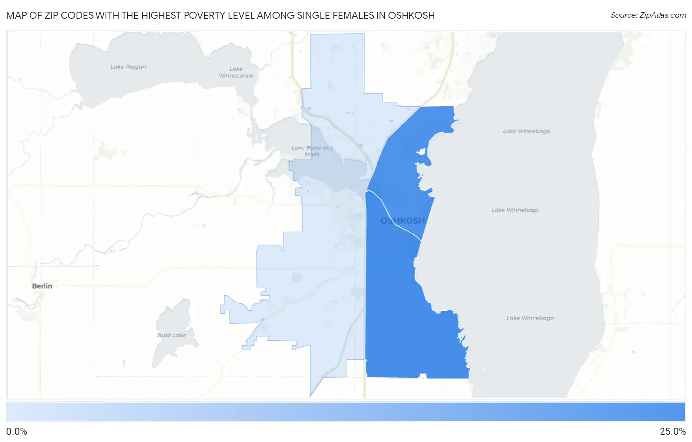 Zip Codes with the Highest Poverty Level Among Single Females in Oshkosh Map