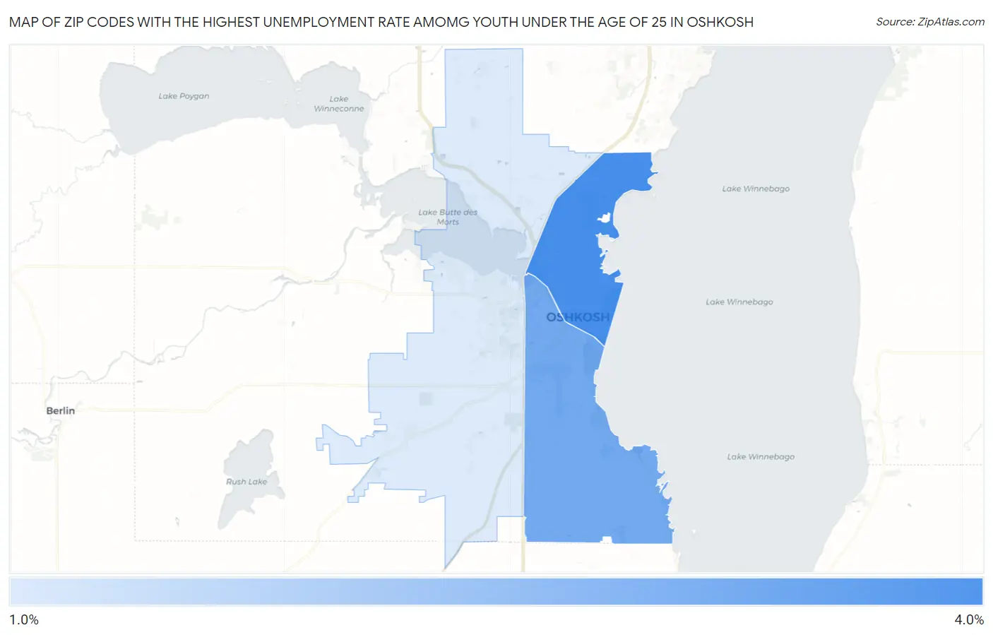 Zip Codes with the Highest Unemployment Rate Amomg Youth Under the Age of 25 in Oshkosh Map