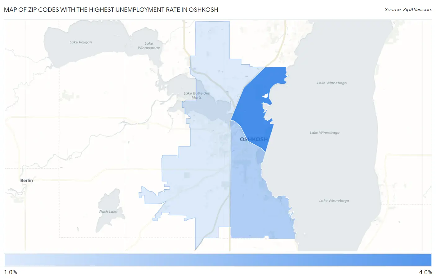 Zip Codes with the Highest Unemployment Rate in Oshkosh Map