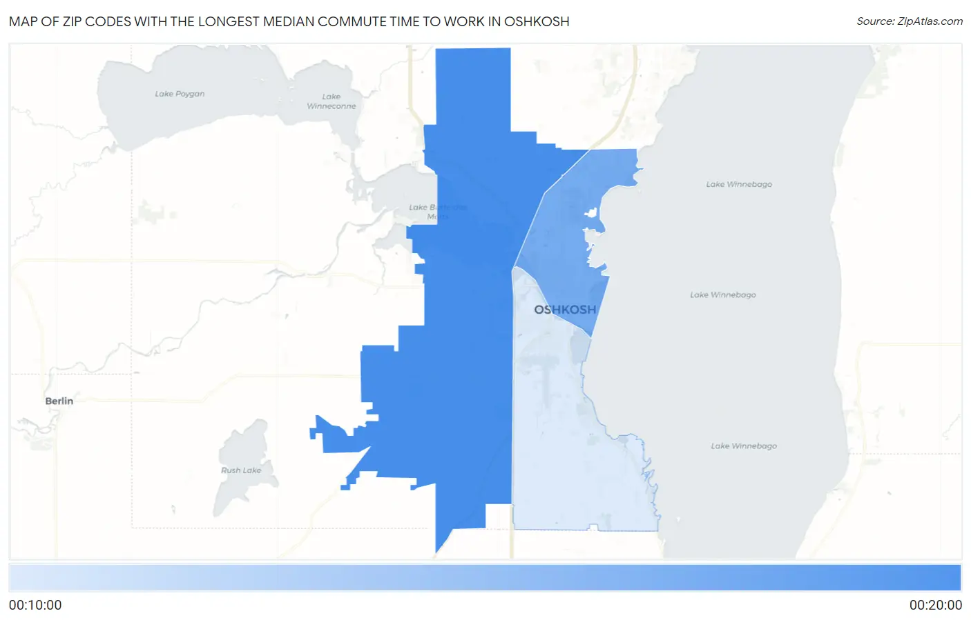 Zip Codes with the Longest Median Commute Time to Work in Oshkosh Map