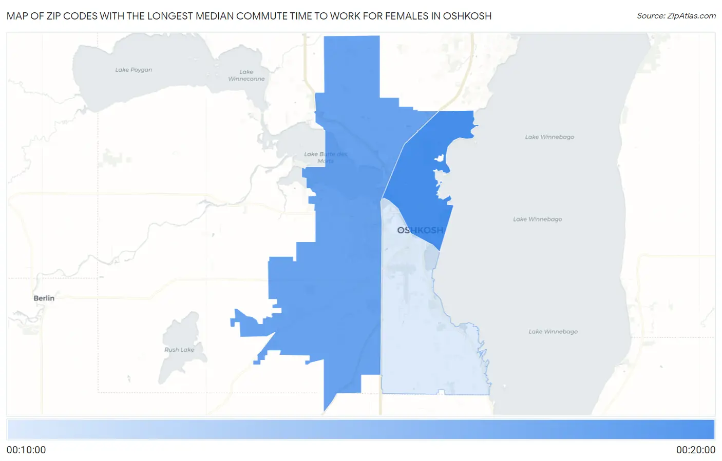 Zip Codes with the Longest Median Commute Time to Work for Females in Oshkosh Map