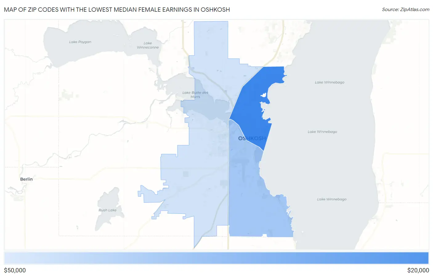 Zip Codes with the Lowest Median Female Earnings in Oshkosh Map