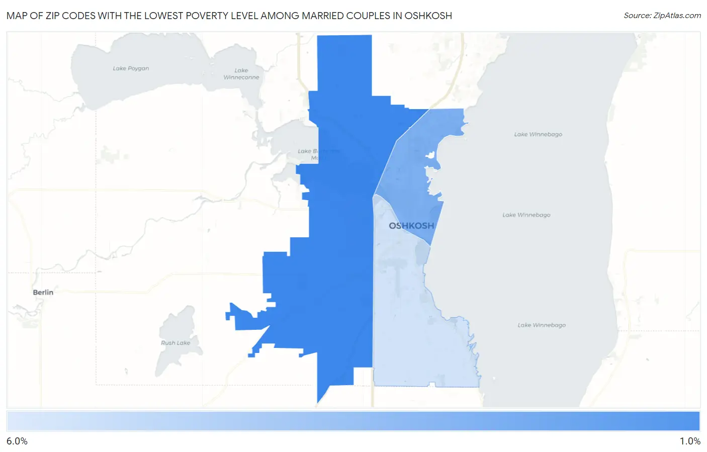 Zip Codes with the Lowest Poverty Level Among Married Couples in Oshkosh Map