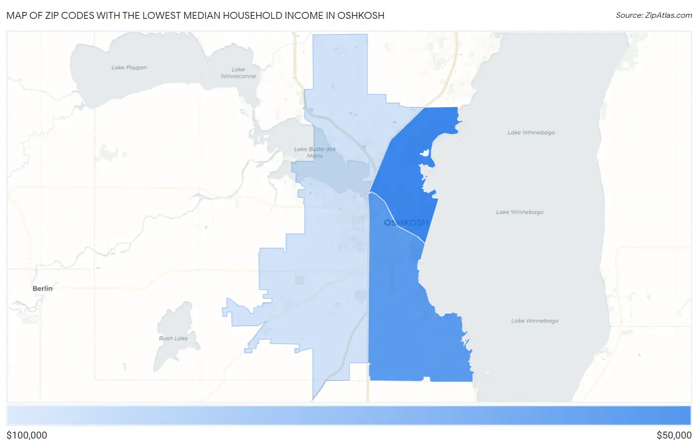 Zip Codes with the Lowest Median Household Income in Oshkosh Map