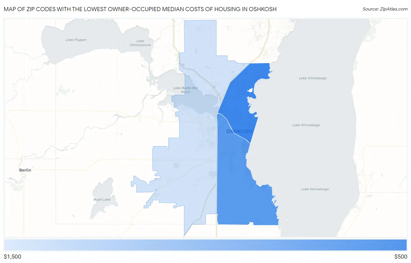 Zip Codes with the Lowest Owner-Occupied Median Costs of Housing in Oshkosh Map