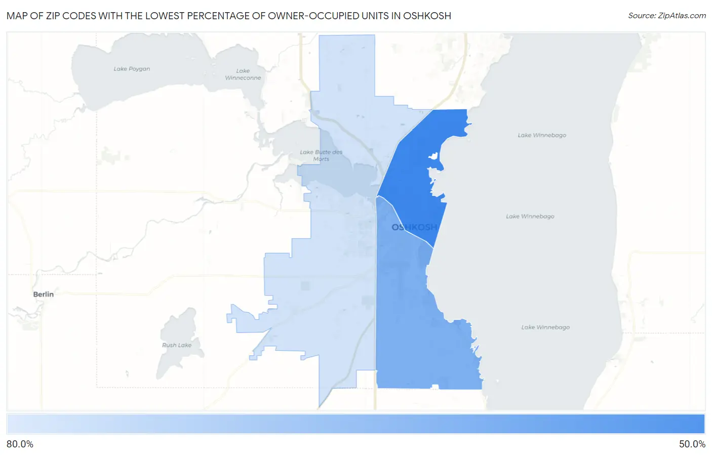 Zip Codes with the Lowest Percentage of Owner-Occupied Units in Oshkosh Map