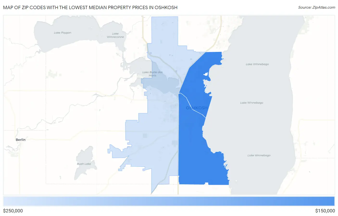 Zip Codes with the Lowest Median Property Prices in Oshkosh Map