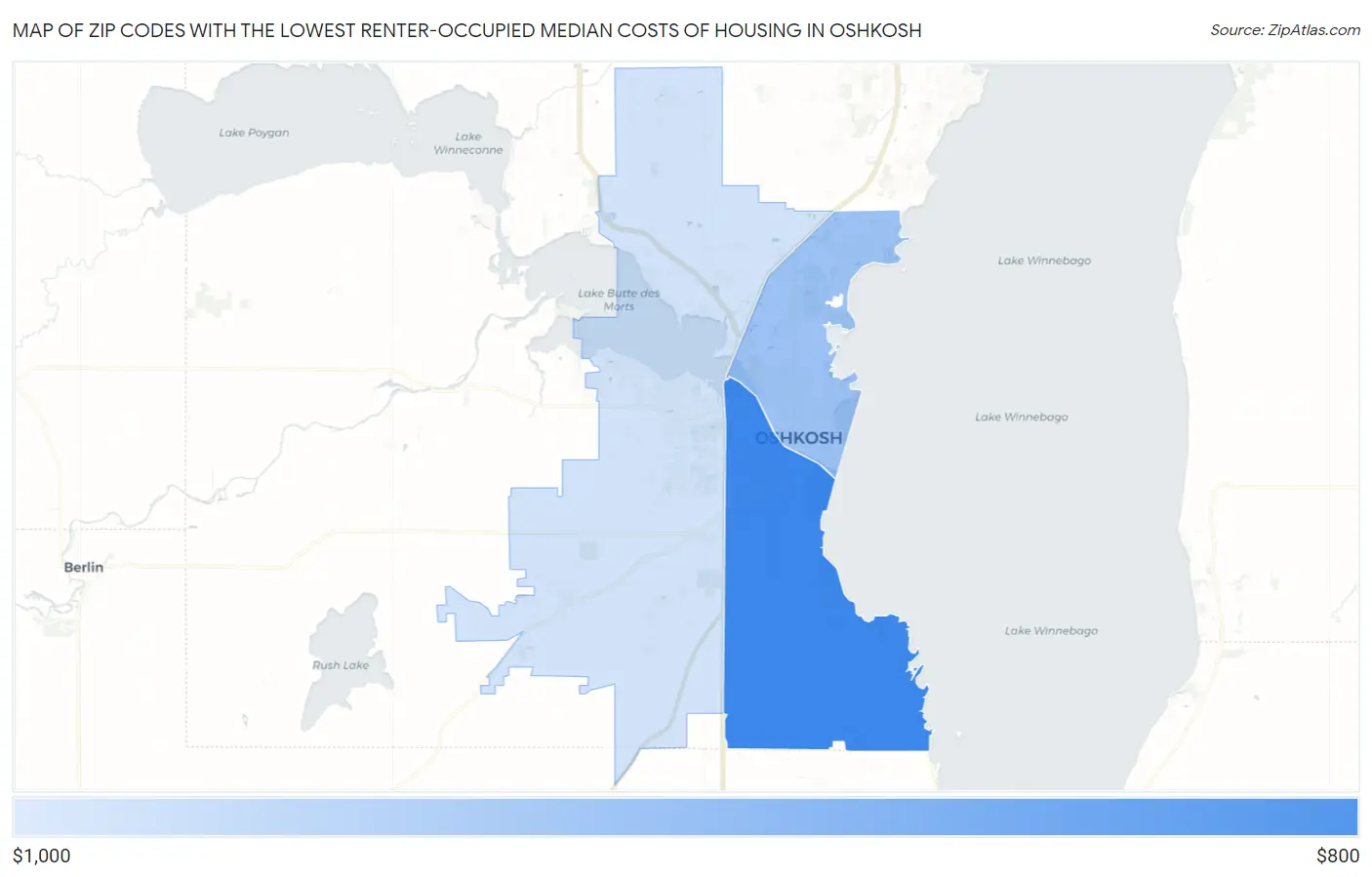 Zip Codes with the Lowest Renter-Occupied Median Costs of Housing in Oshkosh Map