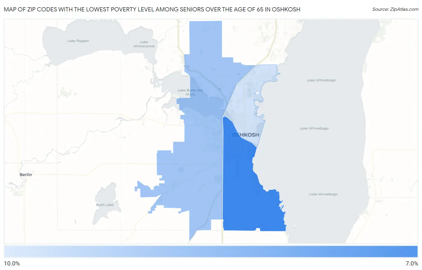 Zip Codes with the Lowest Poverty Level Among Seniors Over the Age of 65 in Oshkosh Map