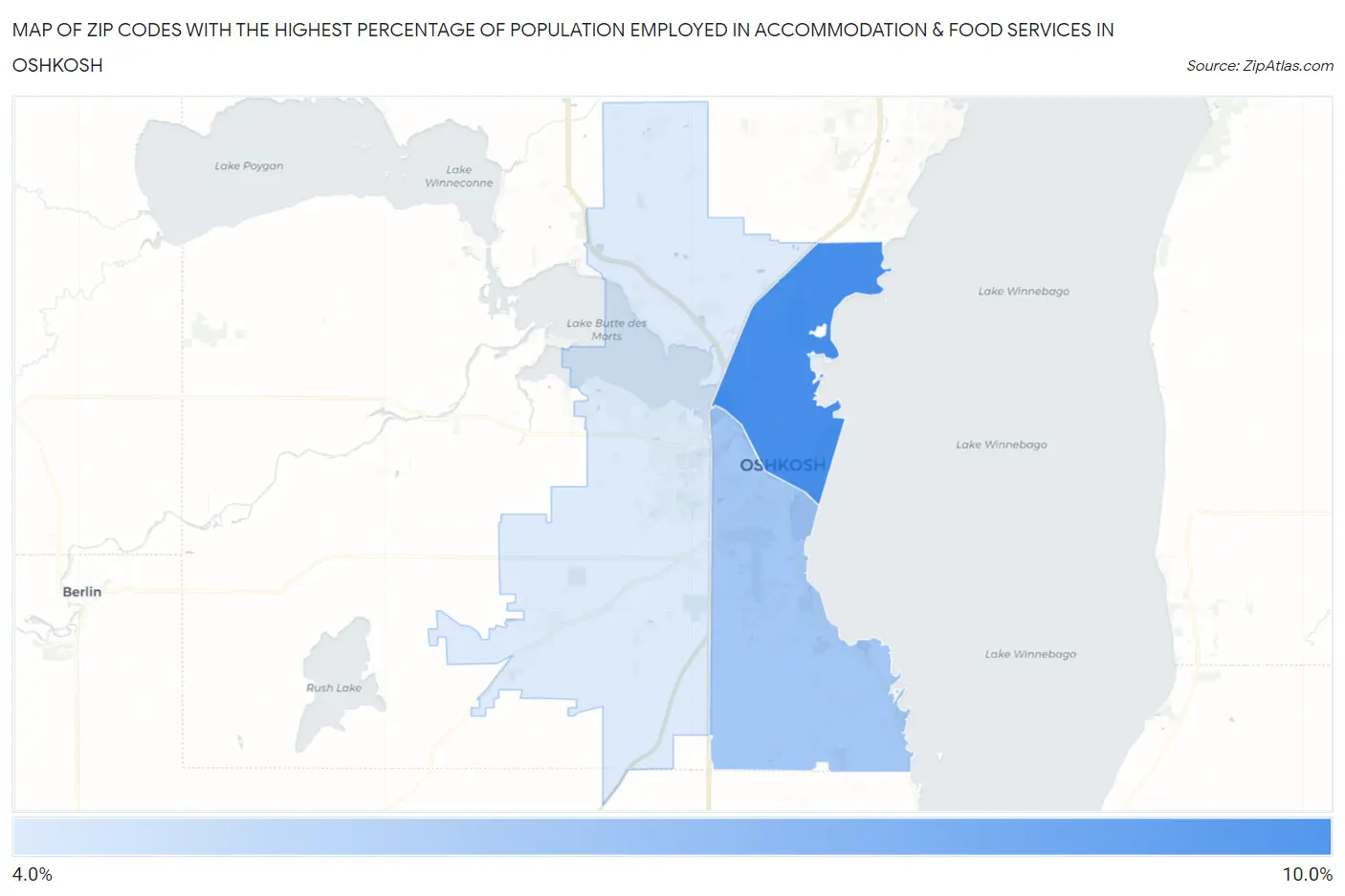 Zip Codes with the Highest Percentage of Population Employed in Accommodation & Food Services in Oshkosh Map
