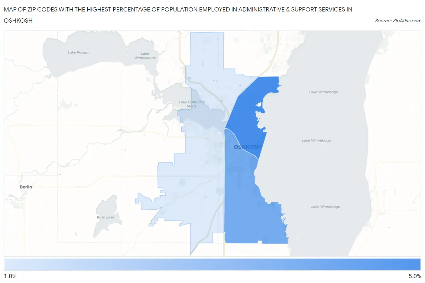 Zip Codes with the Highest Percentage of Population Employed in Administrative & Support Services in Oshkosh Map