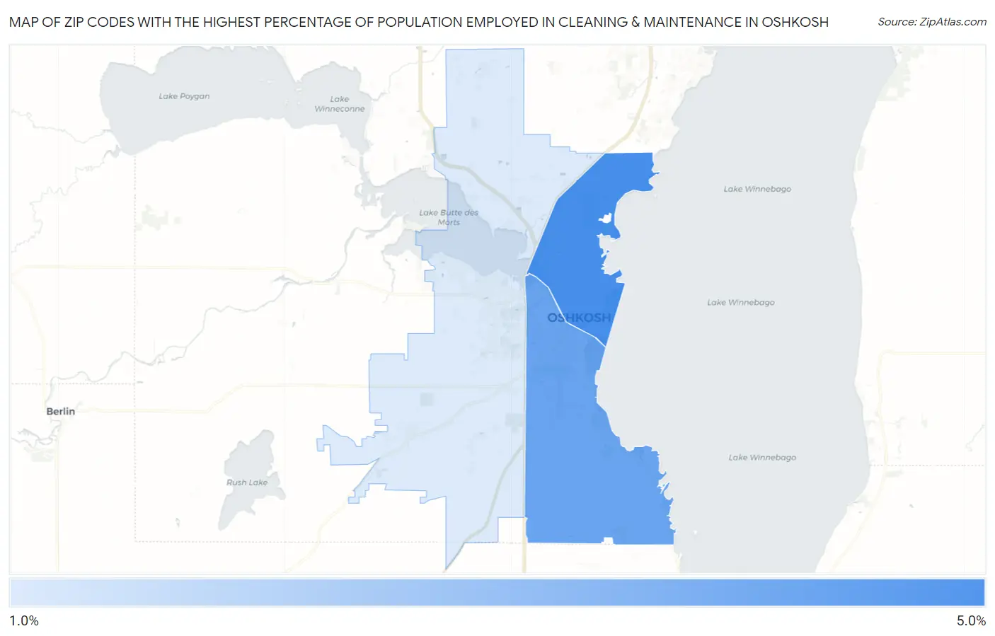 Zip Codes with the Highest Percentage of Population Employed in Cleaning & Maintenance in Oshkosh Map