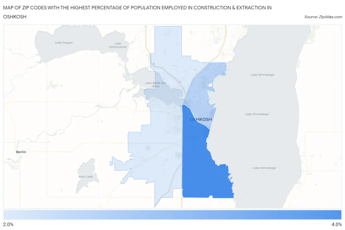Zip Codes with the Highest Percentage of Population Employed in Construction & Extraction in Oshkosh Map
