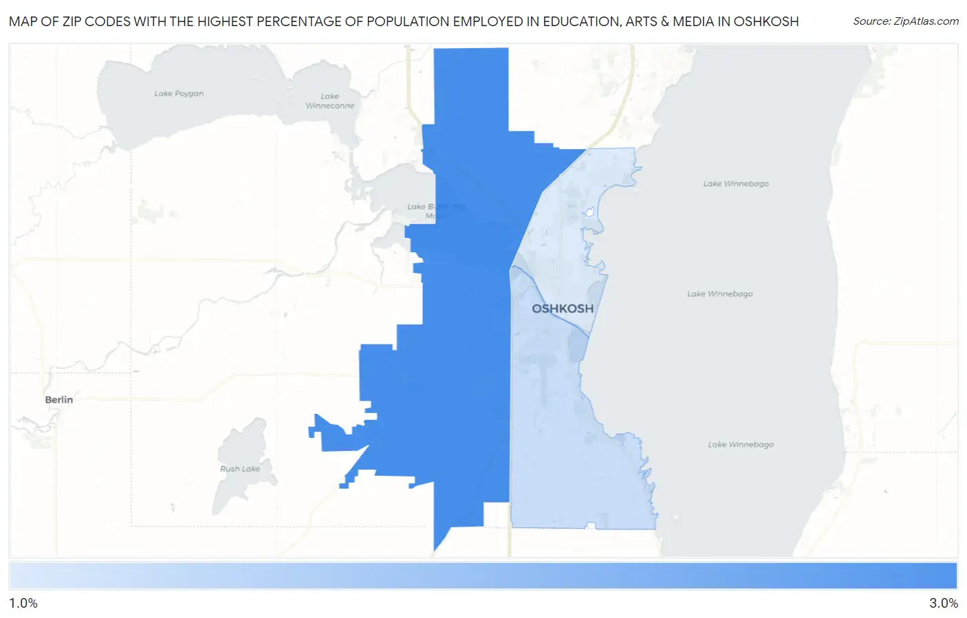 Zip Codes with the Highest Percentage of Population Employed in Education, Arts & Media in Oshkosh Map