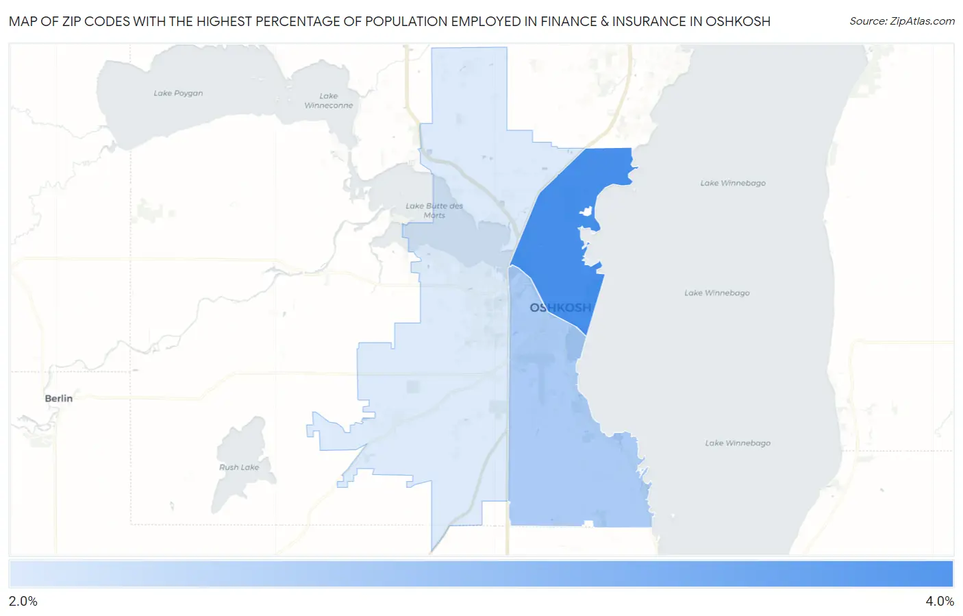 Zip Codes with the Highest Percentage of Population Employed in Finance & Insurance in Oshkosh Map