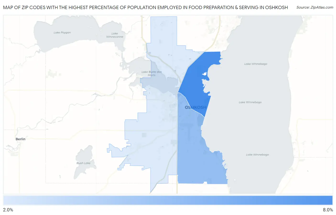 Zip Codes with the Highest Percentage of Population Employed in Food Preparation & Serving in Oshkosh Map