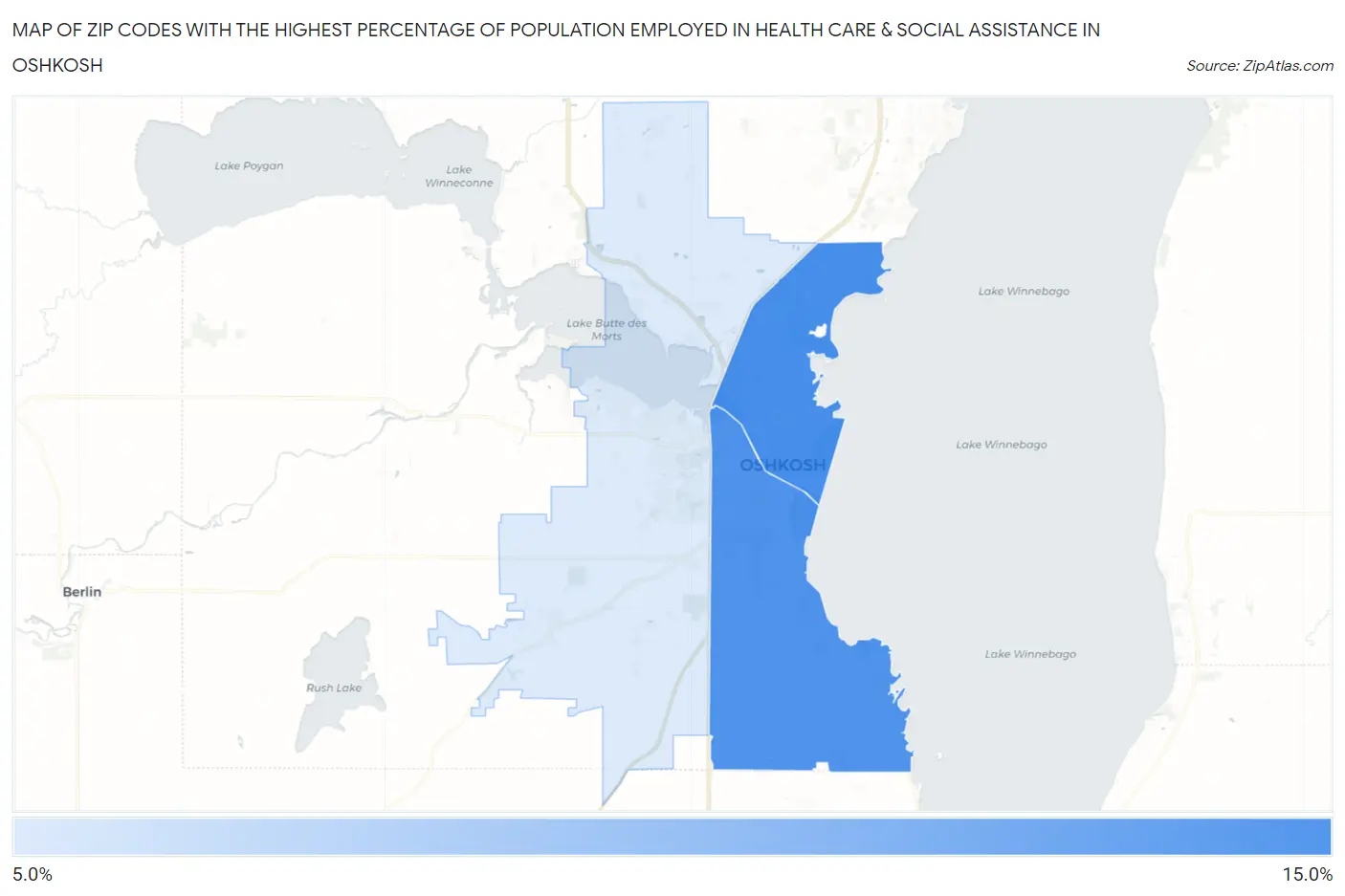 Zip Codes with the Highest Percentage of Population Employed in Health Care & Social Assistance in Oshkosh Map