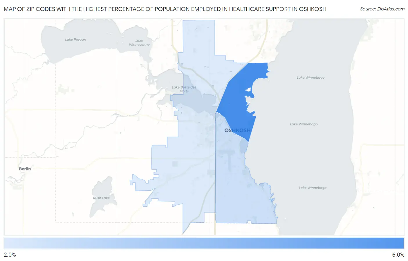 Zip Codes with the Highest Percentage of Population Employed in Healthcare Support in Oshkosh Map