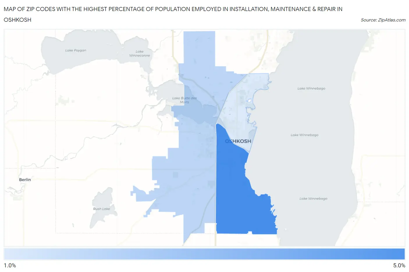 Zip Codes with the Highest Percentage of Population Employed in Installation, Maintenance & Repair in Oshkosh Map