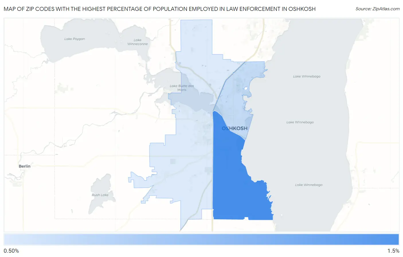 Zip Codes with the Highest Percentage of Population Employed in Law Enforcement in Oshkosh Map