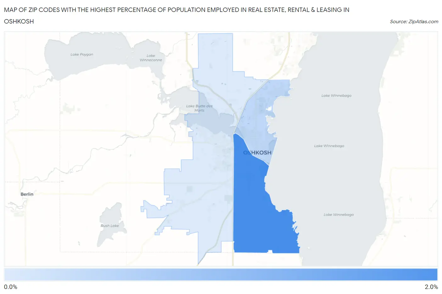 Zip Codes with the Highest Percentage of Population Employed in Real Estate, Rental & Leasing in Oshkosh Map