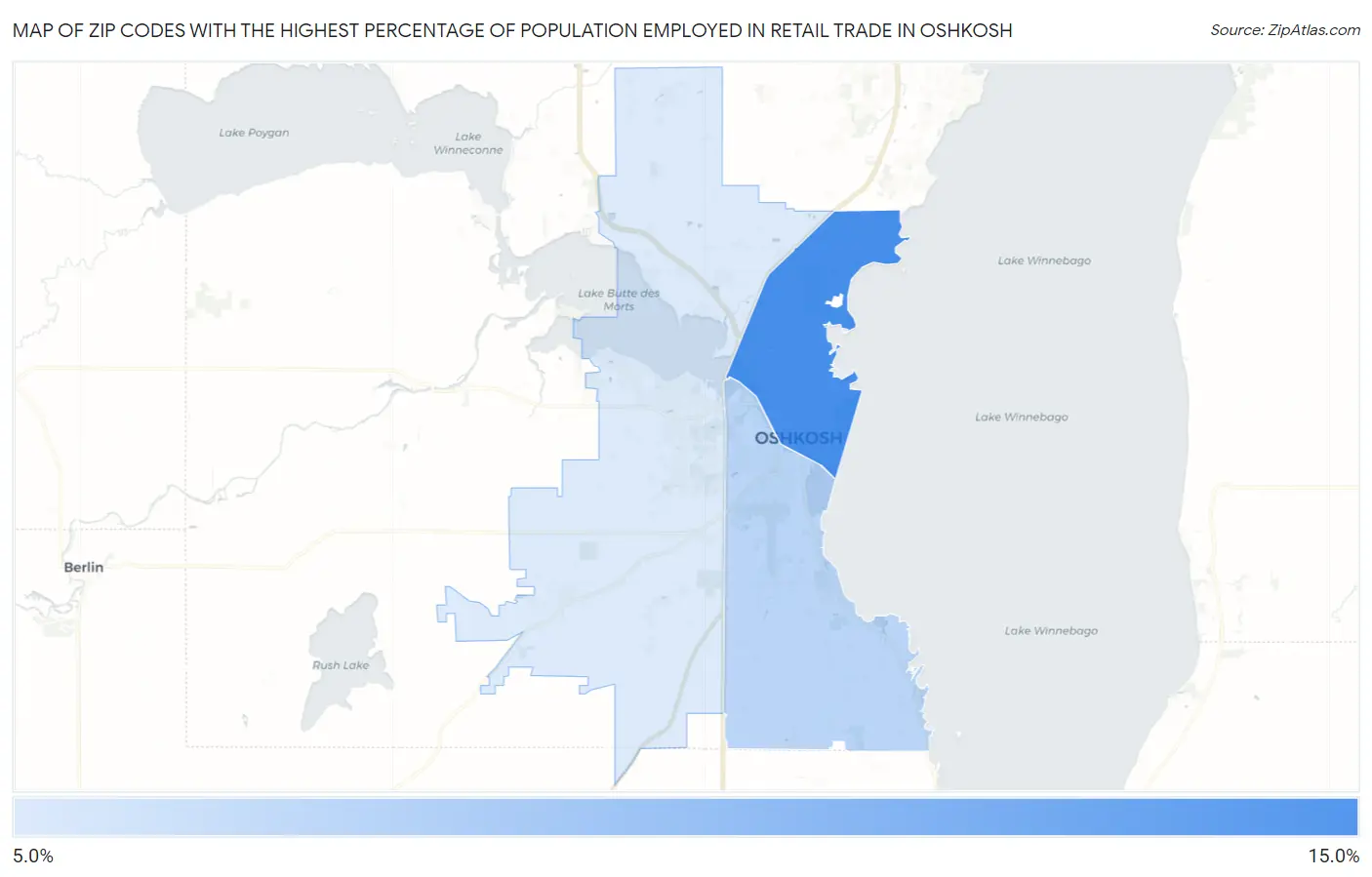 Zip Codes with the Highest Percentage of Population Employed in Retail Trade in Oshkosh Map