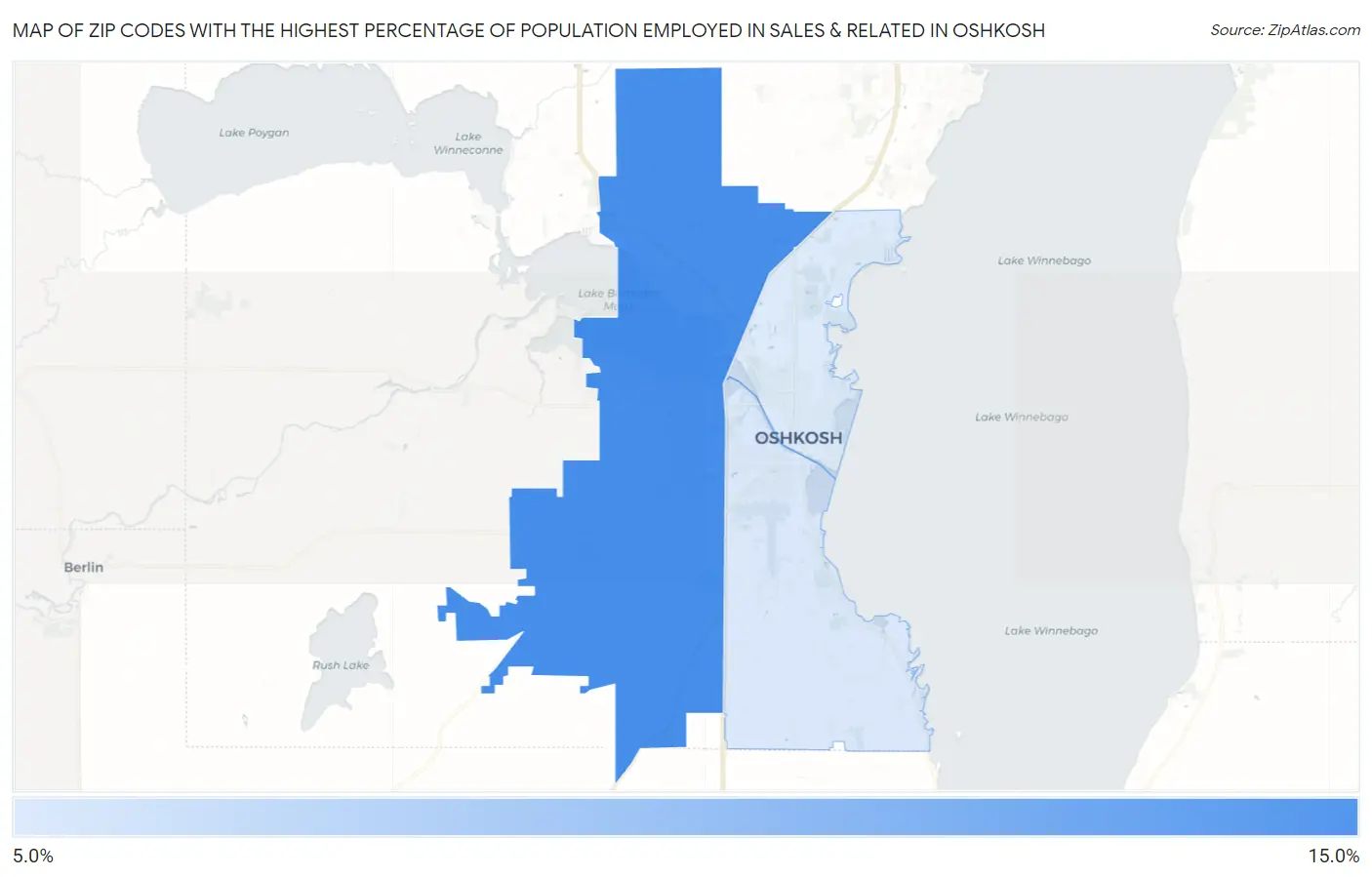 Zip Codes with the Highest Percentage of Population Employed in Sales & Related in Oshkosh Map