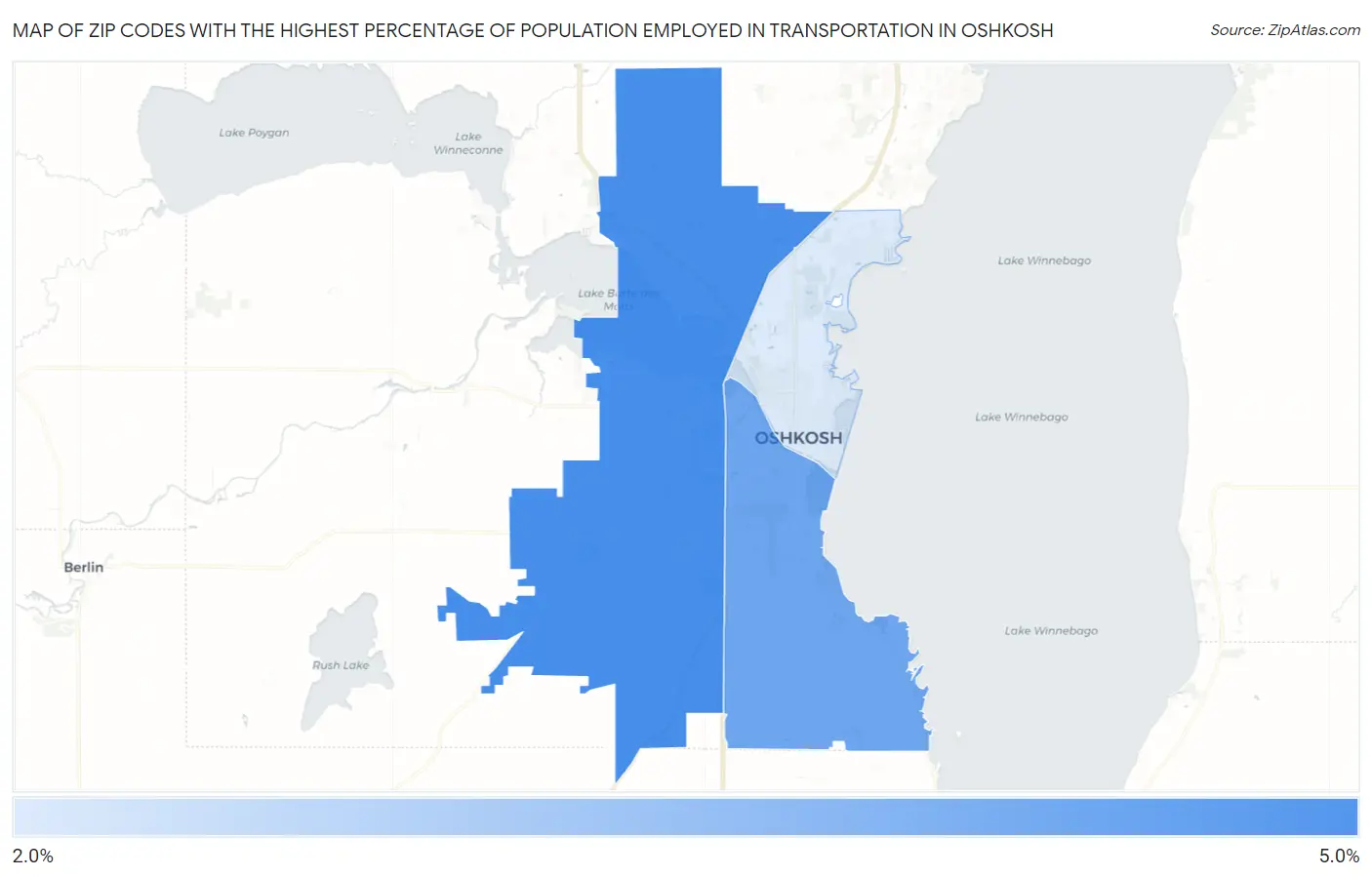 Zip Codes with the Highest Percentage of Population Employed in Transportation in Oshkosh Map