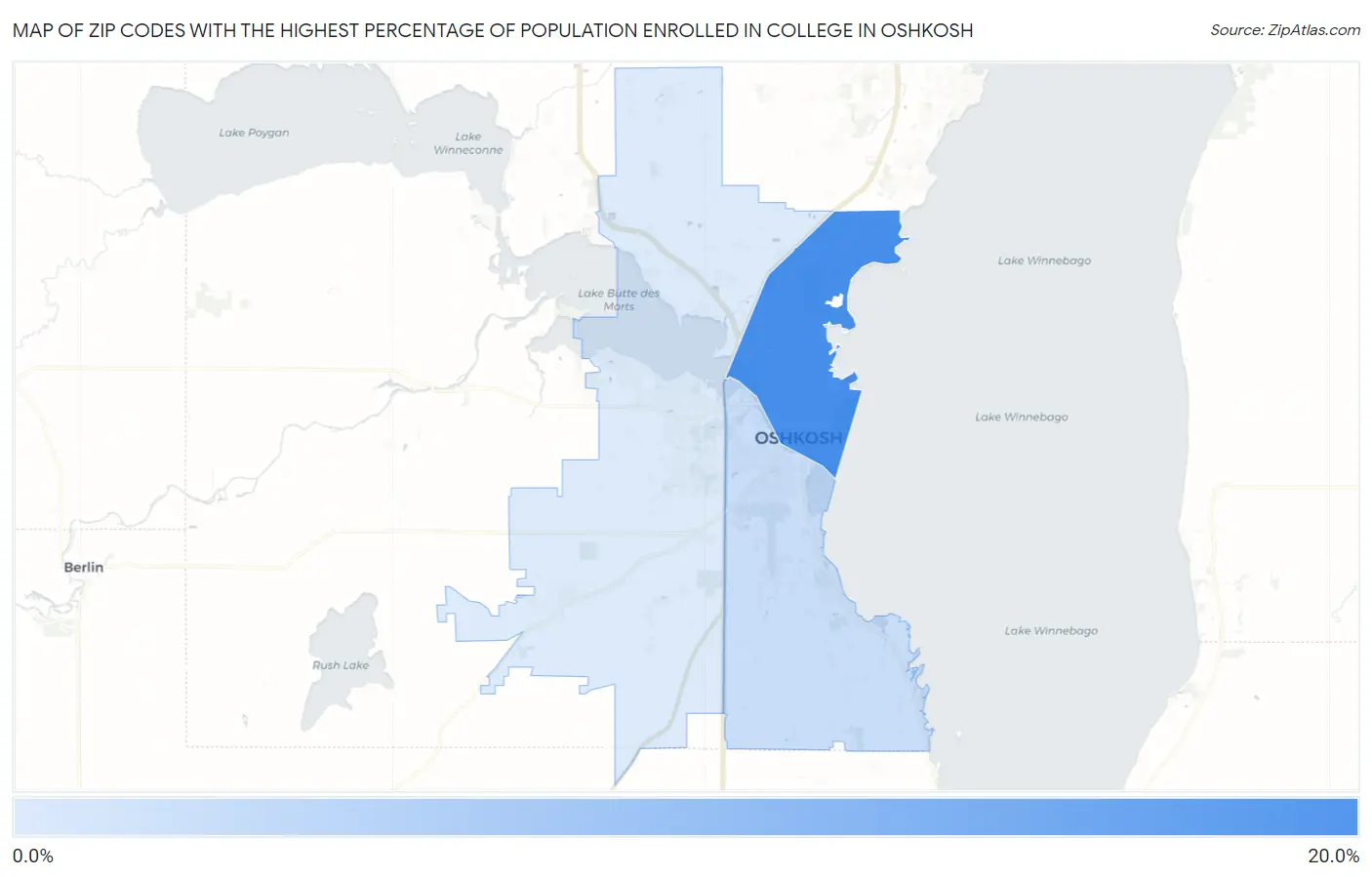 Zip Codes with the Highest Percentage of Population Enrolled in College in Oshkosh Map