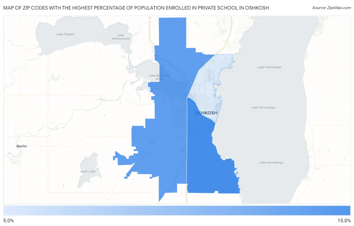 Zip Codes with the Highest Percentage of Population Enrolled in Private School in Oshkosh Map