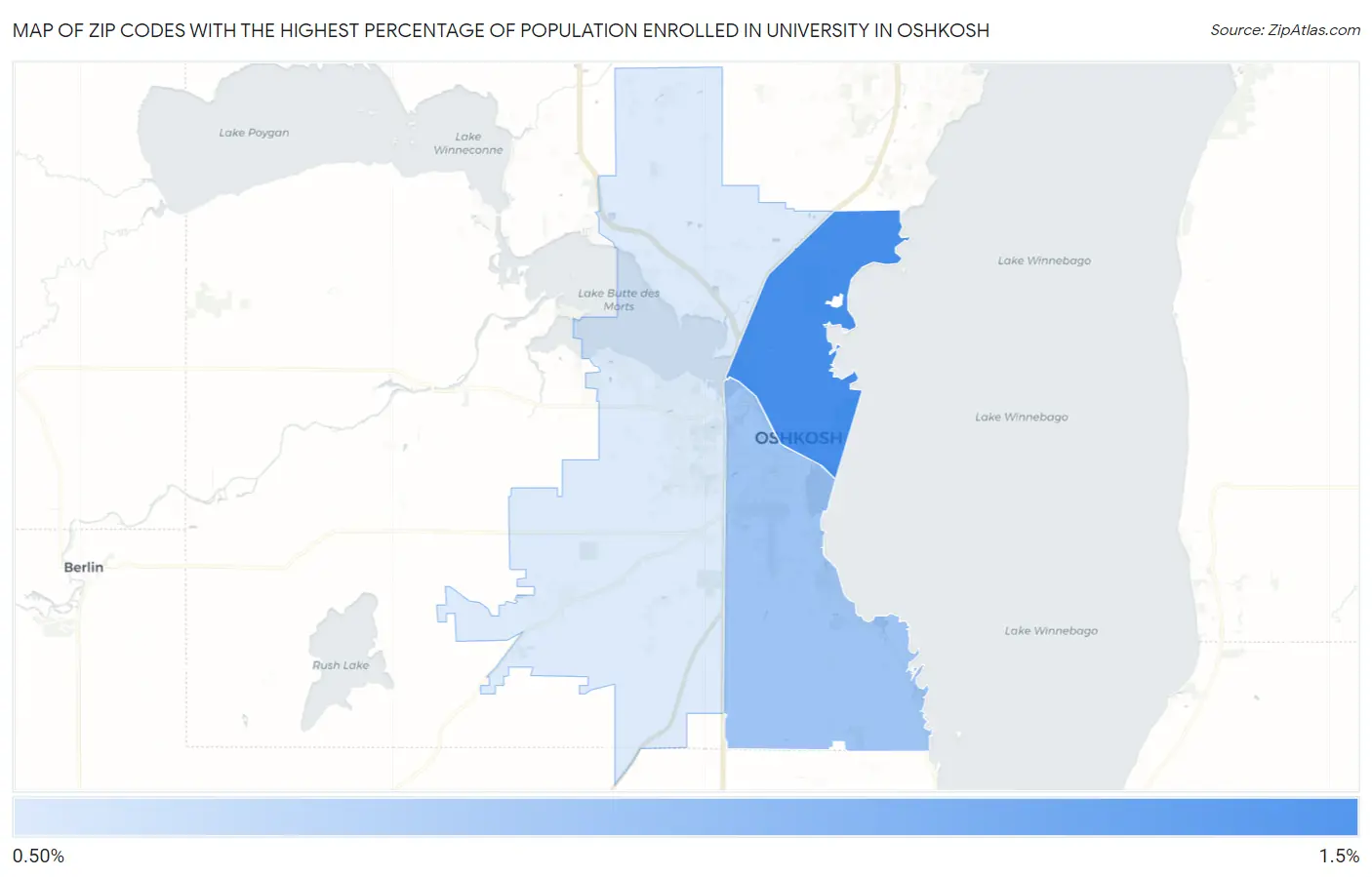 Zip Codes with the Highest Percentage of Population Enrolled in University in Oshkosh Map