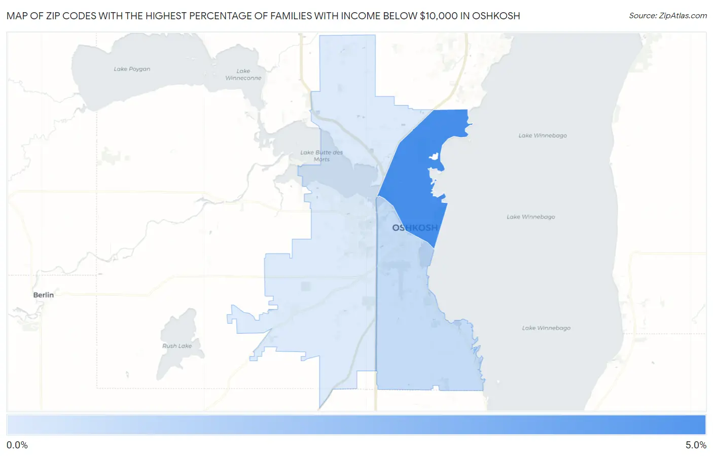 Zip Codes with the Highest Percentage of Families with Income Below $10,000 in Oshkosh Map