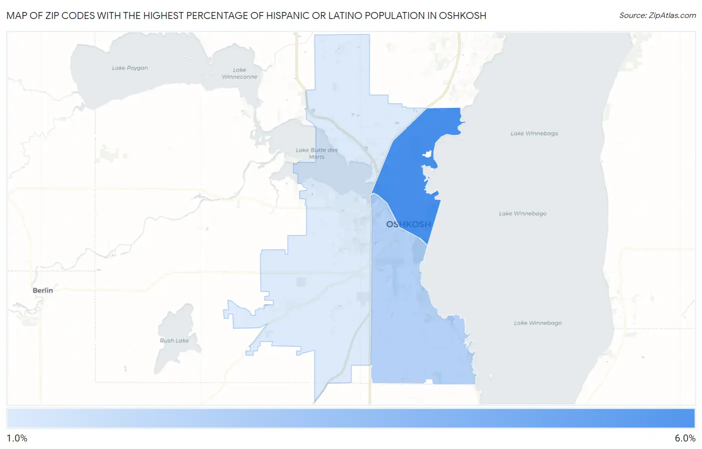Zip Codes with the Highest Percentage of Hispanic or Latino Population in Oshkosh Map