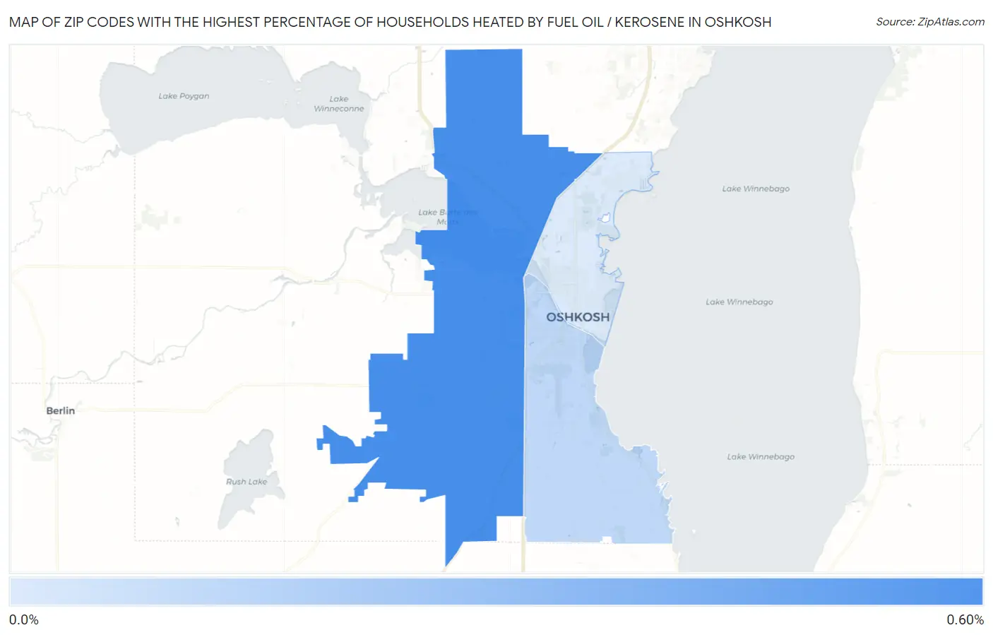 Zip Codes with the Highest Percentage of Households Heated by Fuel Oil / Kerosene in Oshkosh Map