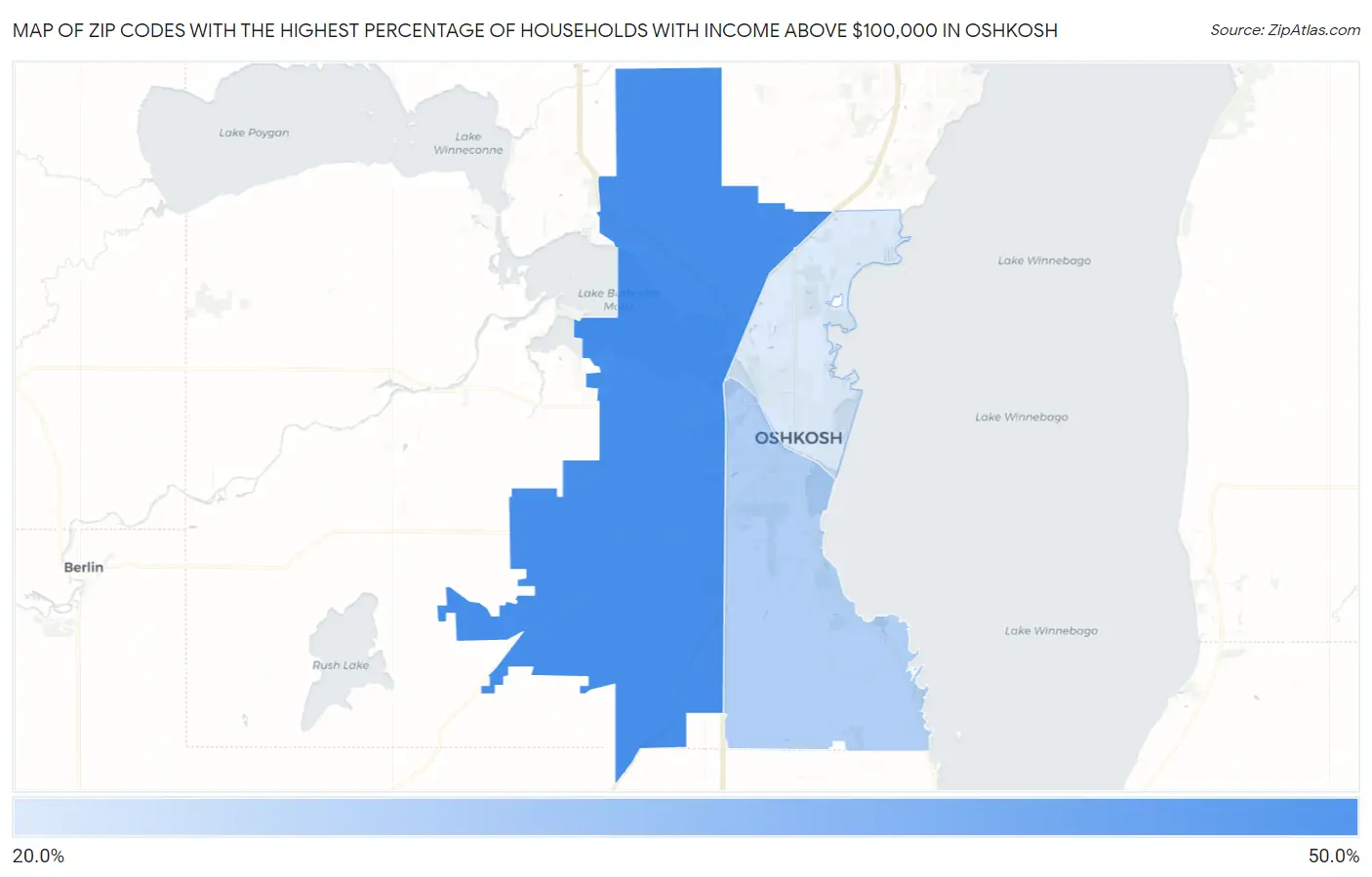 Zip Codes with the Highest Percentage of Households with Income Above $100,000 in Oshkosh Map