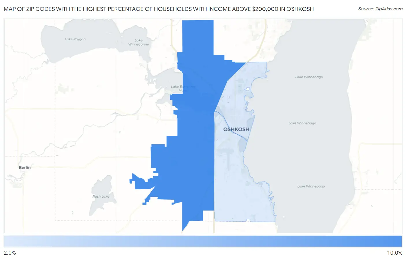 Zip Codes with the Highest Percentage of Households with Income Above $200,000 in Oshkosh Map