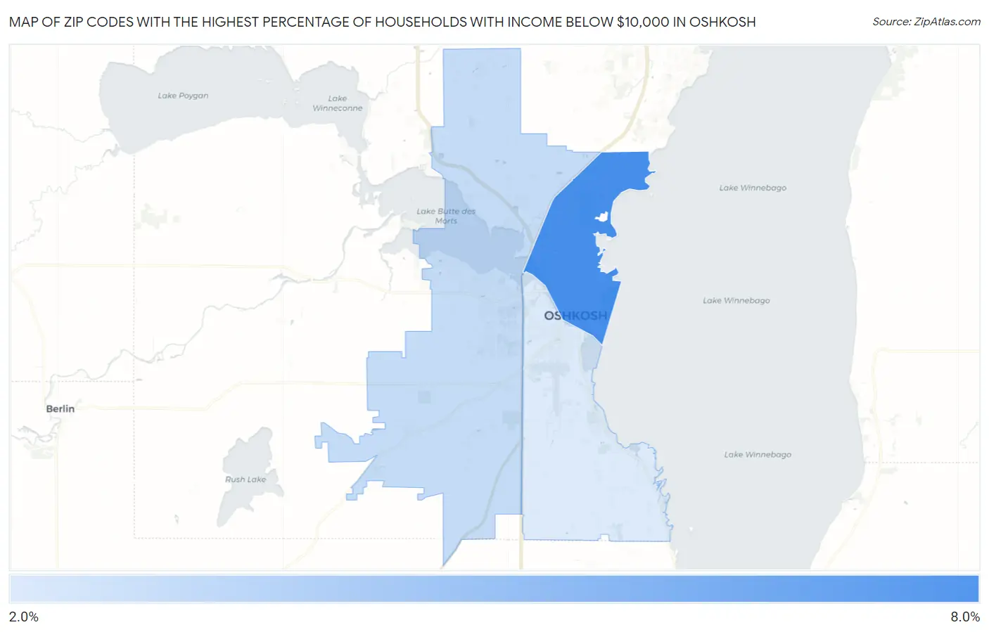 Zip Codes with the Highest Percentage of Households with Income Below $10,000 in Oshkosh Map
