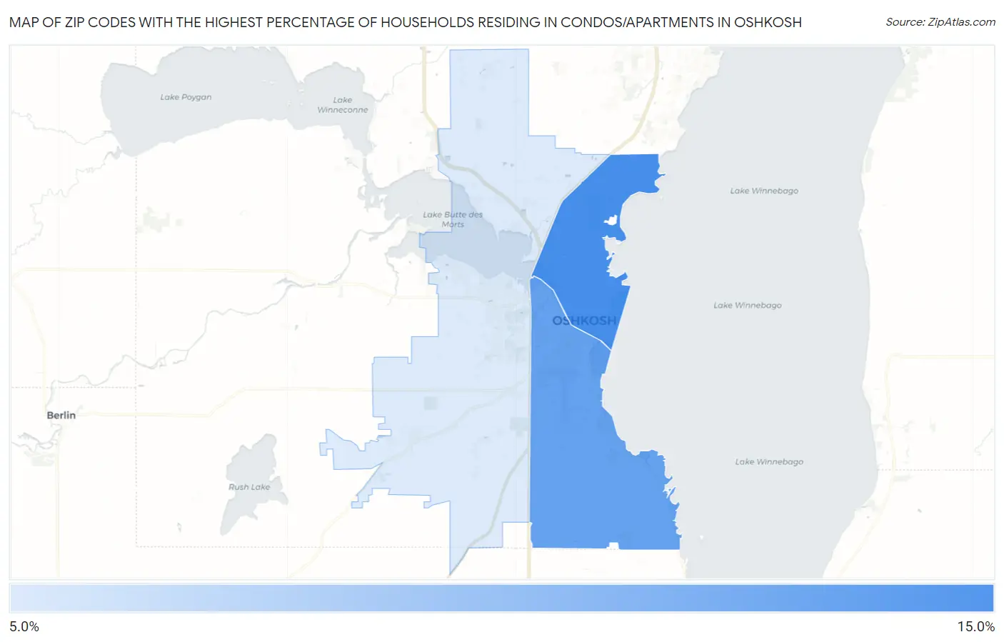 Zip Codes with the Highest Percentage of Households Residing in Condos/Apartments in Oshkosh Map