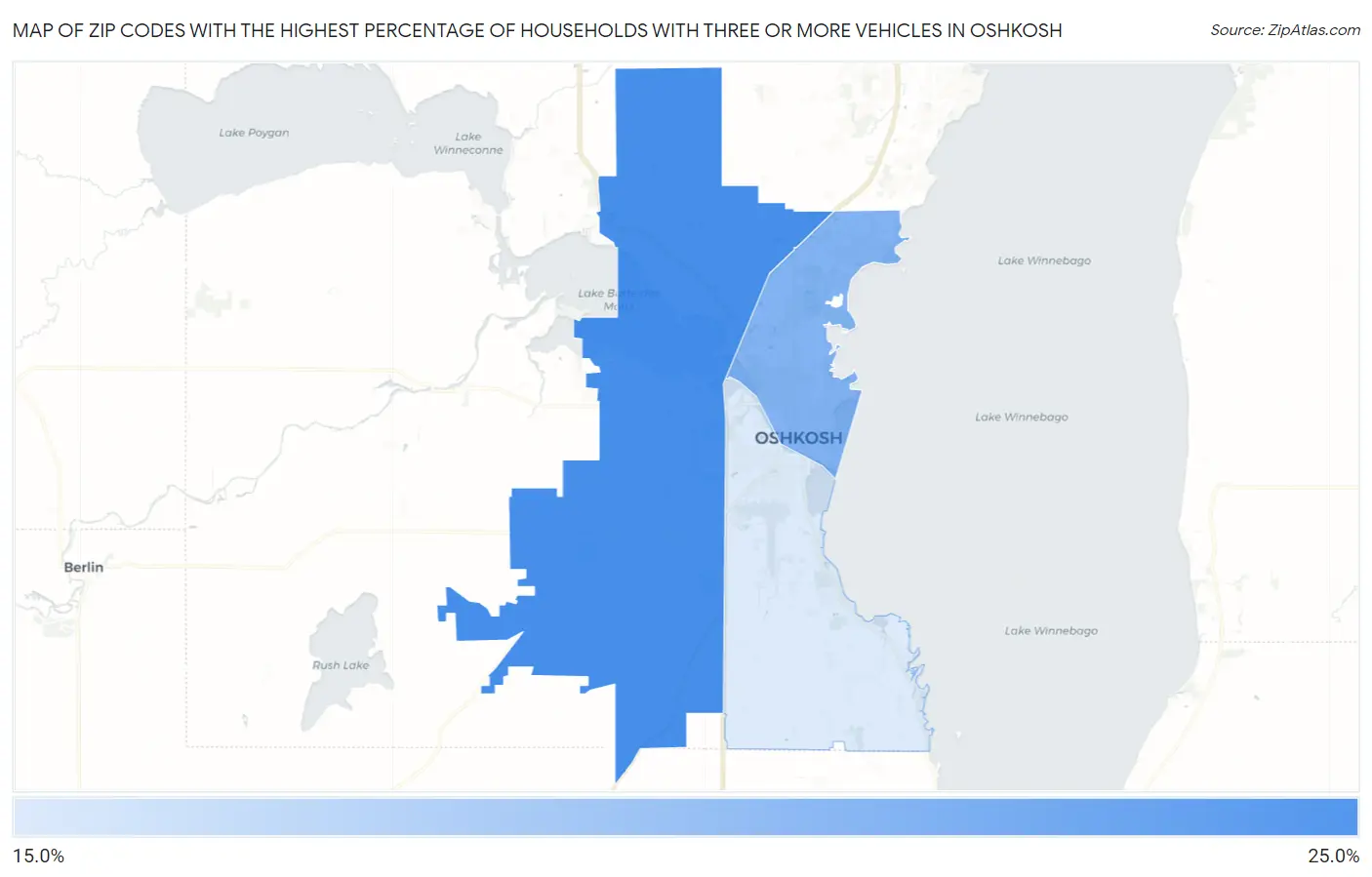 Zip Codes with the Highest Percentage of Households With Three or more Vehicles in Oshkosh Map