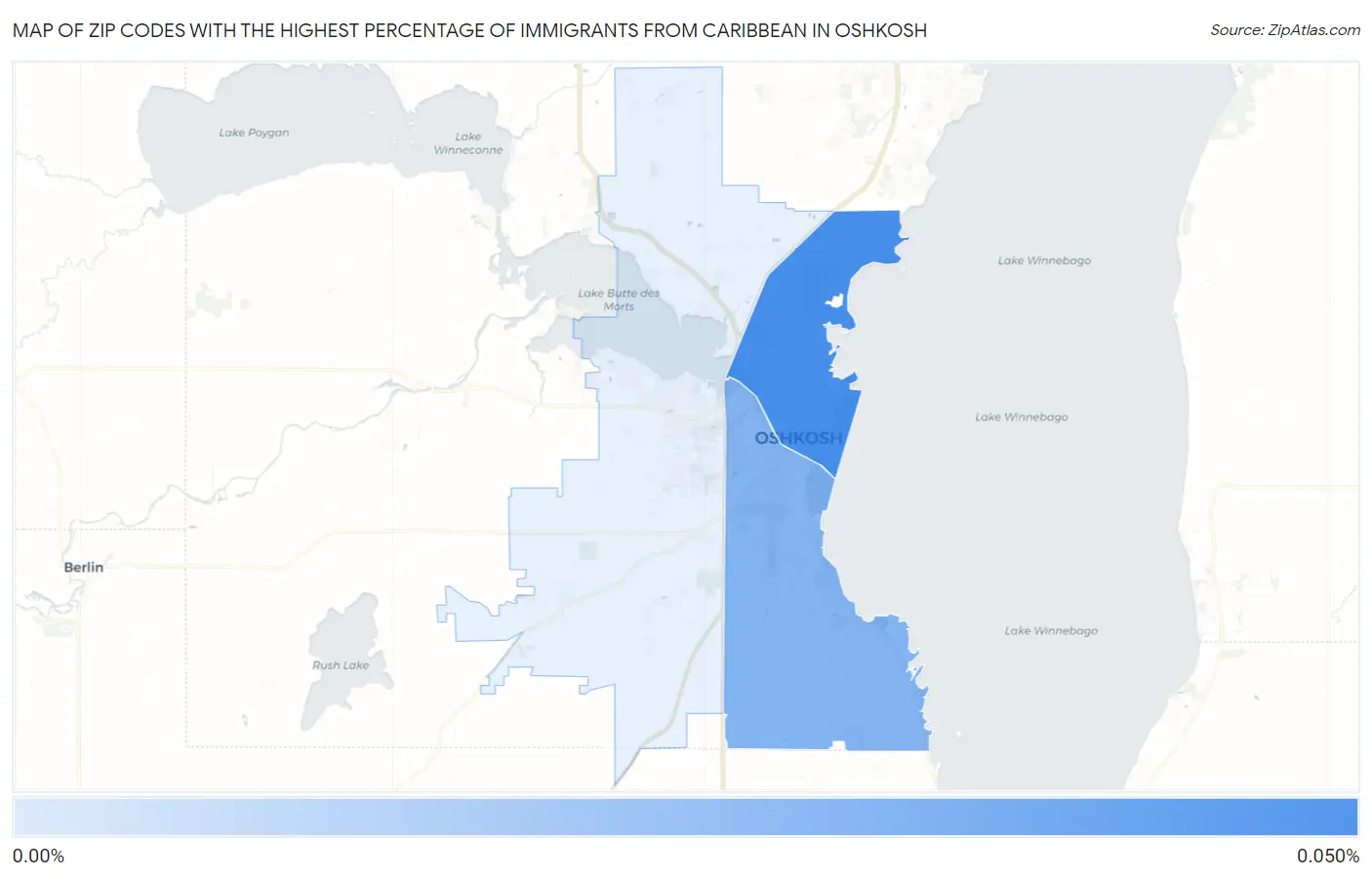 Zip Codes with the Highest Percentage of Immigrants from Caribbean in Oshkosh Map