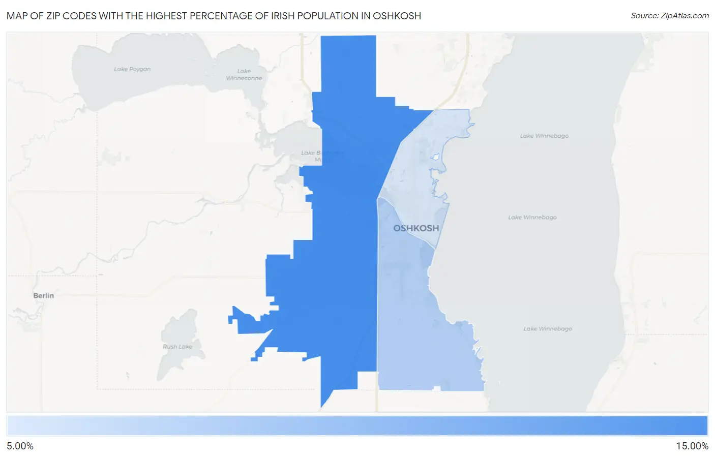 Zip Codes with the Highest Percentage of Irish Population in Oshkosh Map