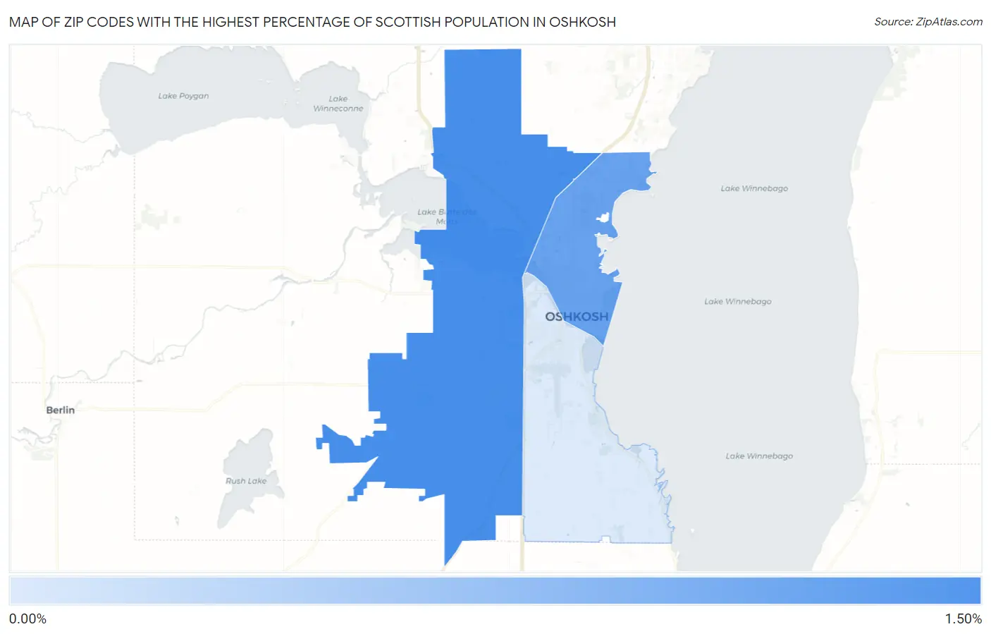 Zip Codes with the Highest Percentage of Scottish Population in Oshkosh Map