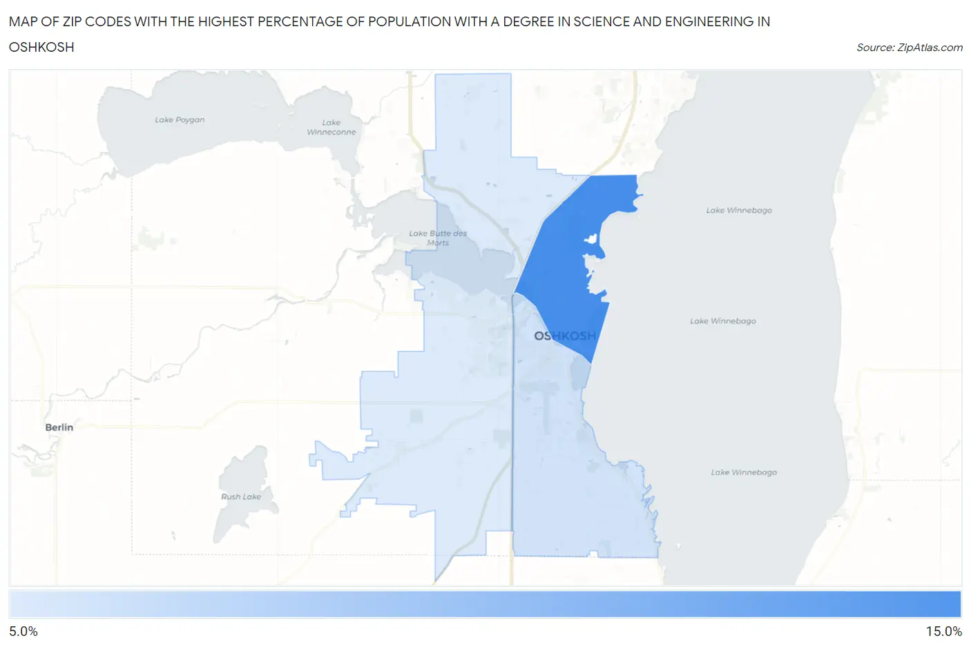 Zip Codes with the Highest Percentage of Population with a Degree in Science and Engineering in Oshkosh Map