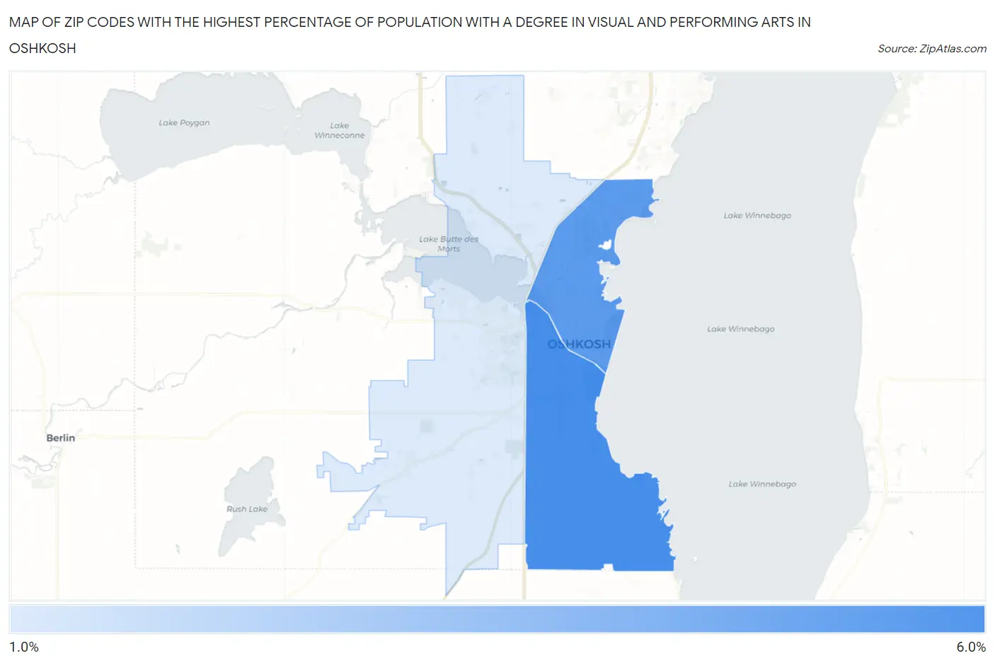 Zip Codes with the Highest Percentage of Population with a Degree in Visual and Performing Arts in Oshkosh Map