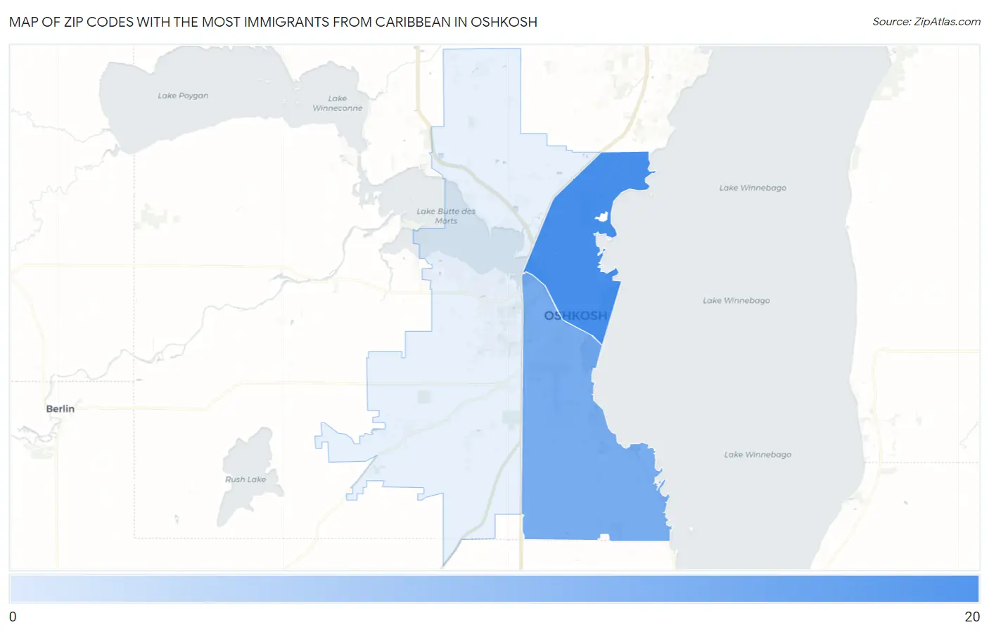 Zip Codes with the Most Immigrants from Caribbean in Oshkosh Map