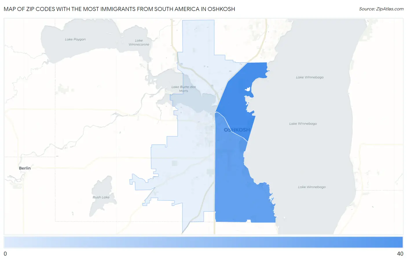 Zip Codes with the Most Immigrants from South America in Oshkosh Map