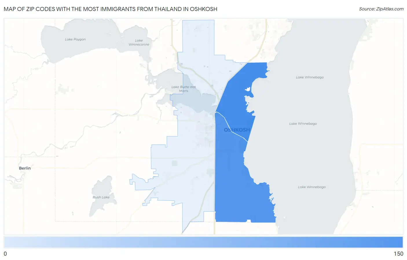 Zip Codes with the Most Immigrants from Thailand in Oshkosh Map