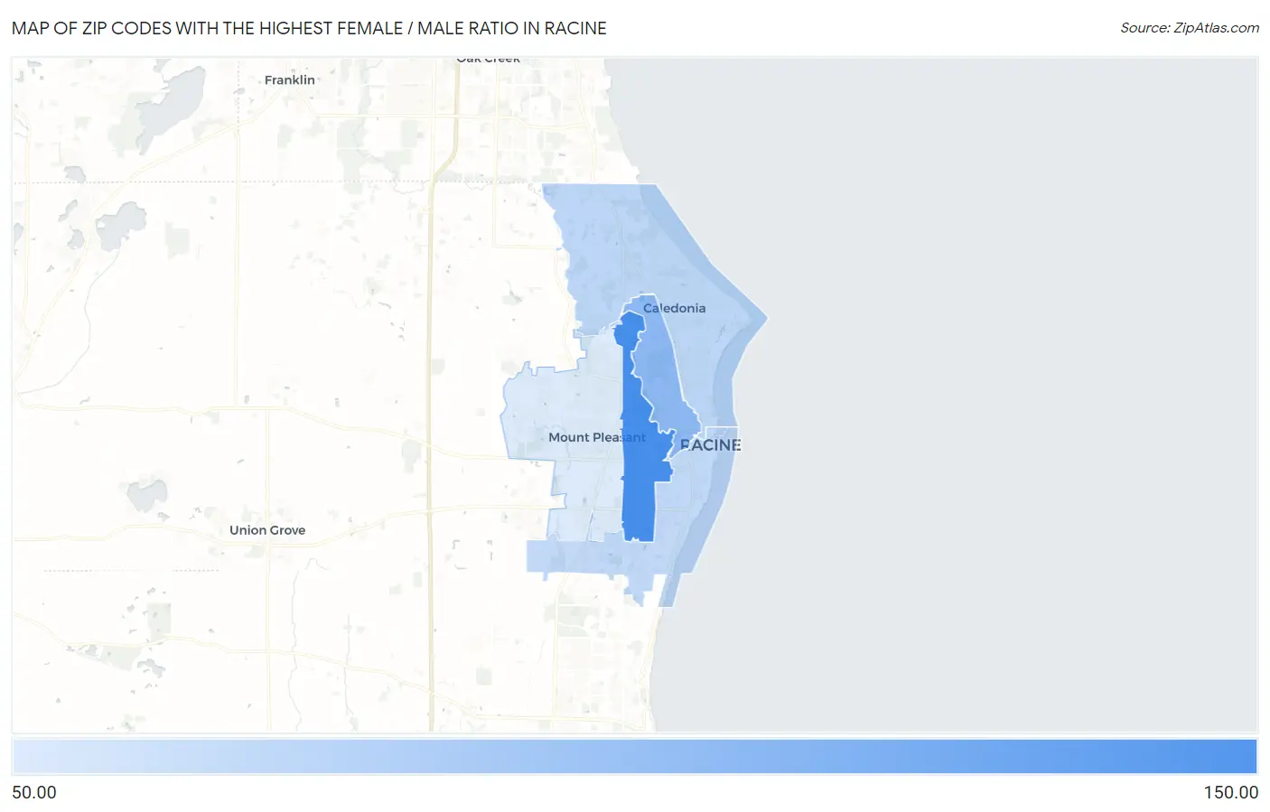 Zip Codes with the Highest Female / Male Ratio in Racine Map