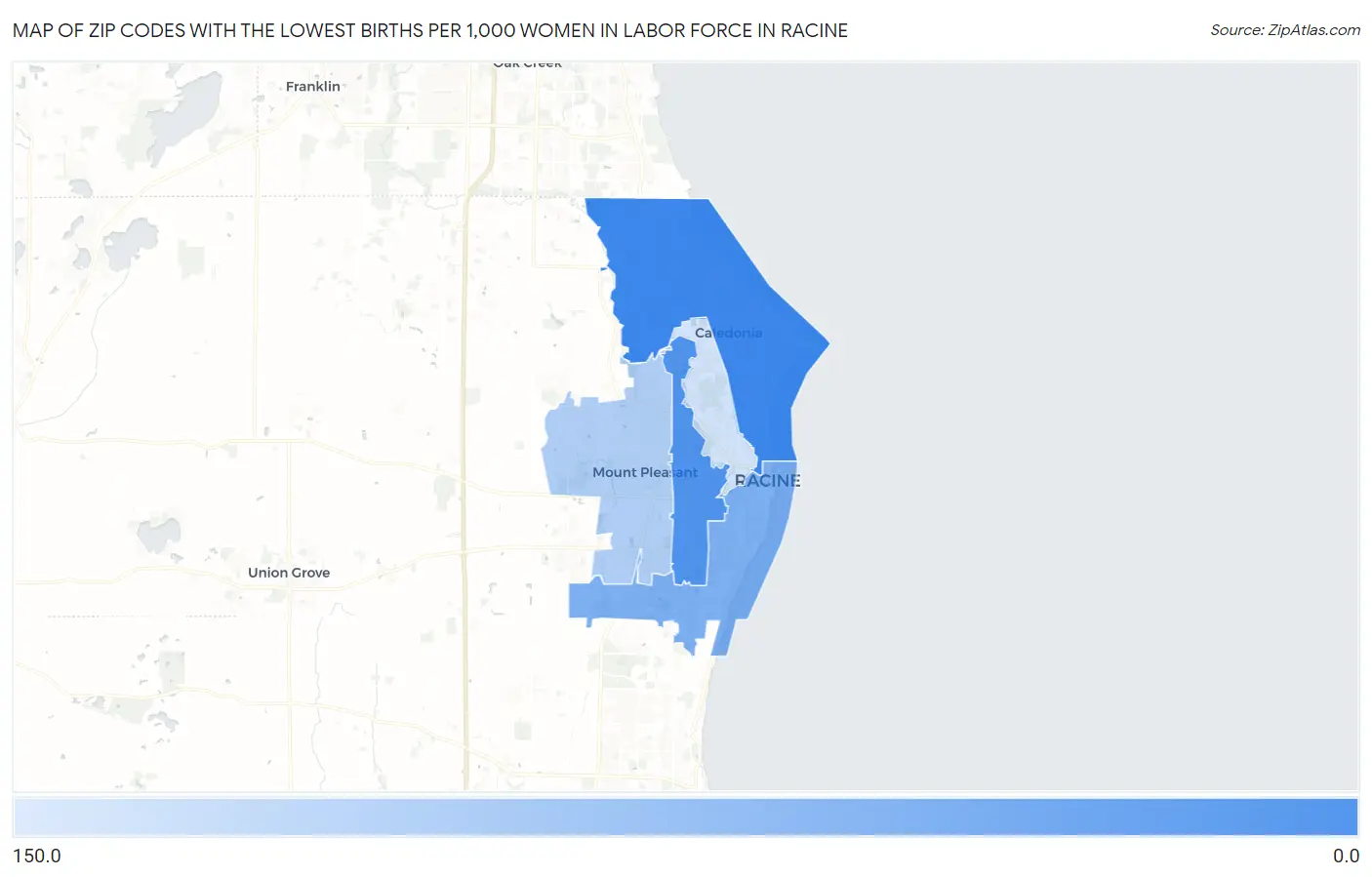 Zip Codes with the Lowest Births per 1,000 Women in Labor Force in Racine Map